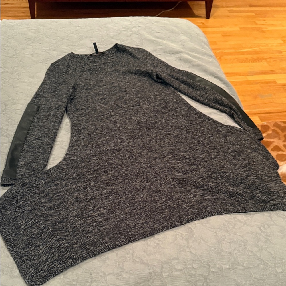 Gray Sweater Dress with Black Sleeves, half leather on sleeves.